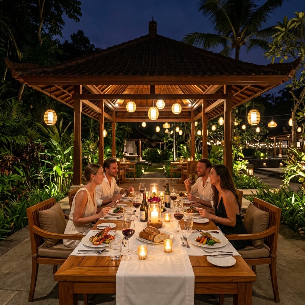 Open-Air Teak Dining Pavilion at Night